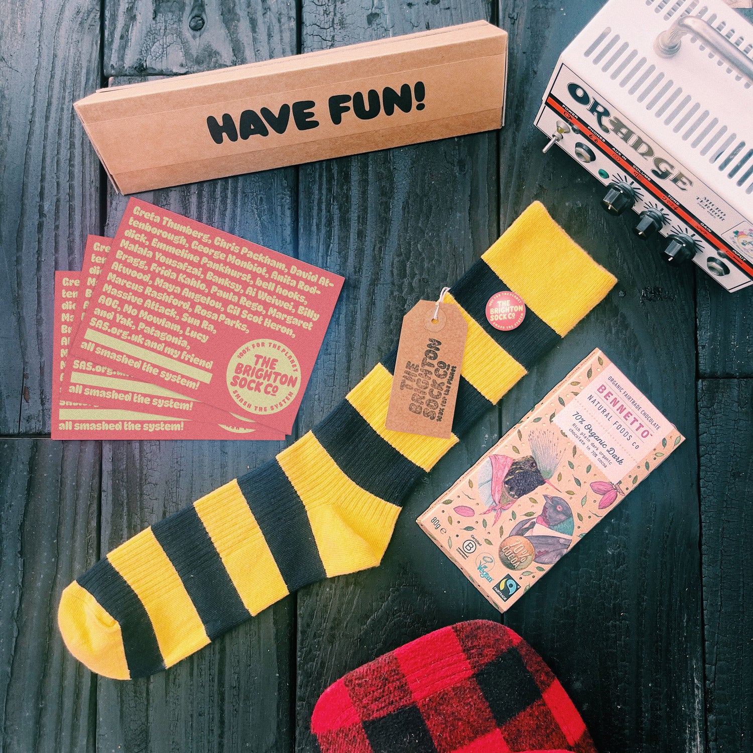 Brighton Socks Co stripy yellow socks and chocolate
