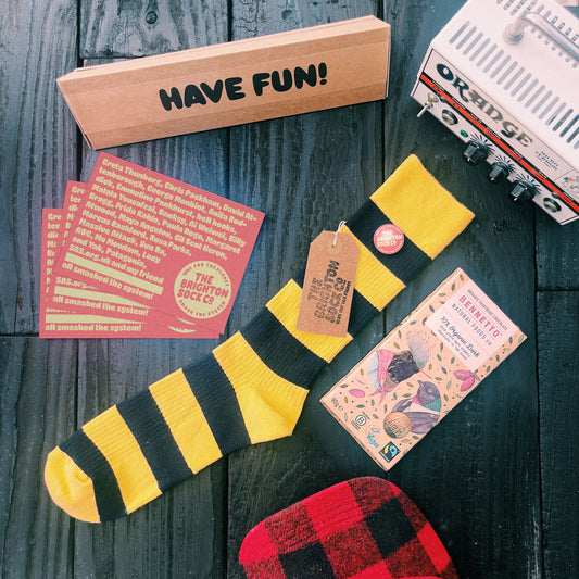 Brighton Socks Co stripy yellow socks and chocolate